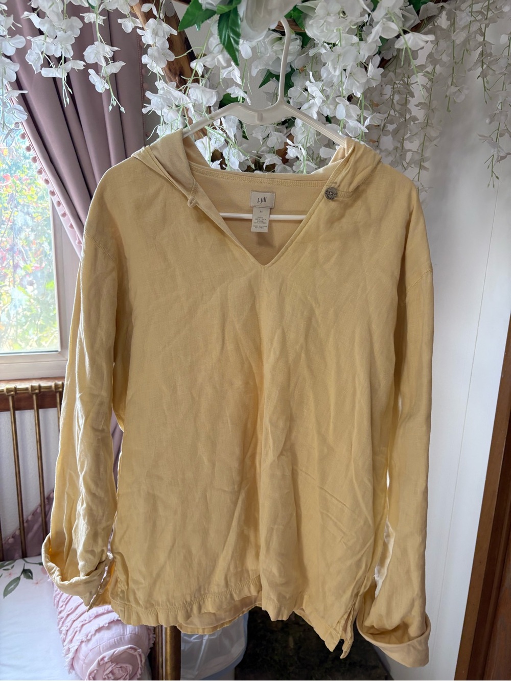 Vintage J Jill Butter Yellow V-Neck Hooded Long Sleeve Top 100% Linen & Cotton